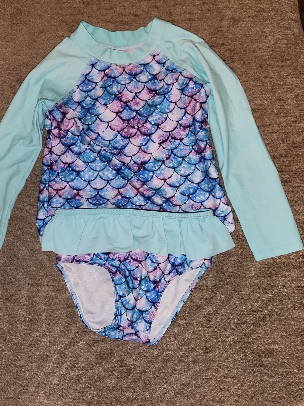Kids Long-Sleeve Mermaid Rash Guard Swim Set - Light Aqua & Multicolor